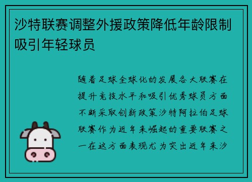 沙特联赛调整外援政策降低年龄限制吸引年轻球员 沙特联赛调整外援政策降低年龄限制吸引年轻球员